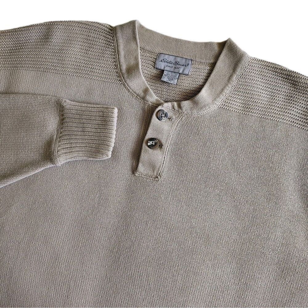 Eddie Bauer Men's XL Textured Henley Sweater Beige 100% Cotton 2 Button Preppy